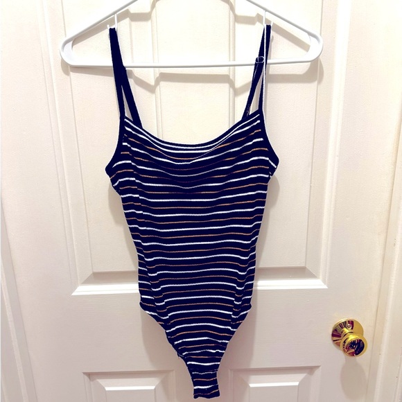 BP Black Brown & White Stripe Ribbed Bodysuit - Picture 1 of 3